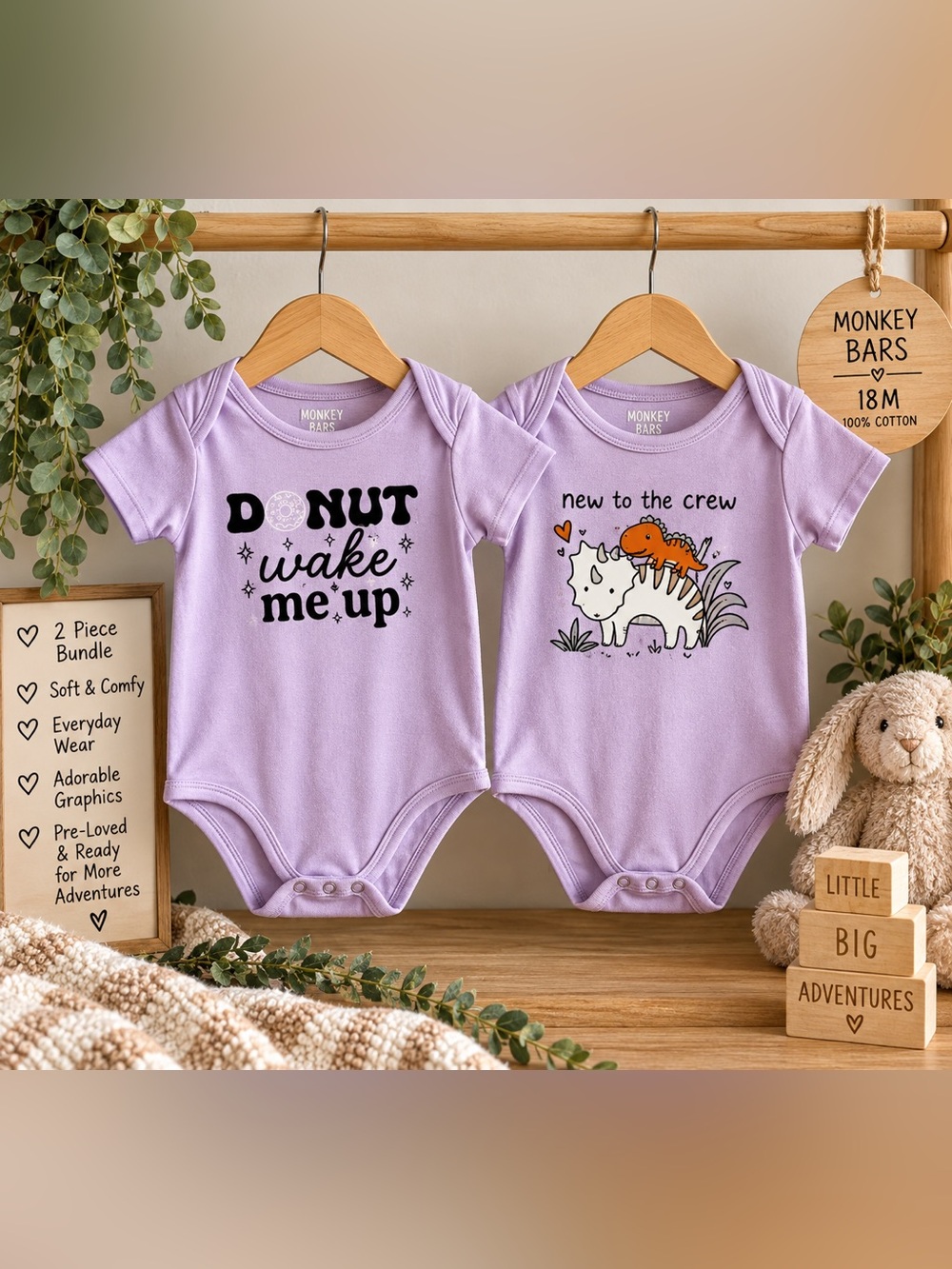 Monkey Bars Baby 18M Purple Bodysuit 2-Piece Bundle Dinosaur Donut